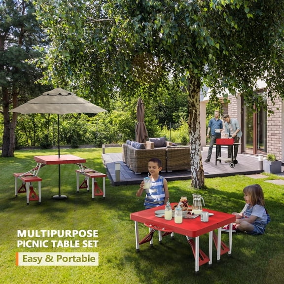 4 Ft Portable Folding Picnic Table Camping Table Foldable Set with 4 Seats with Umbrella Hole Suitcase Card Table-220 Lbs Support Aluminum Frame, Plastic RV Tabletop for Yard, Travel