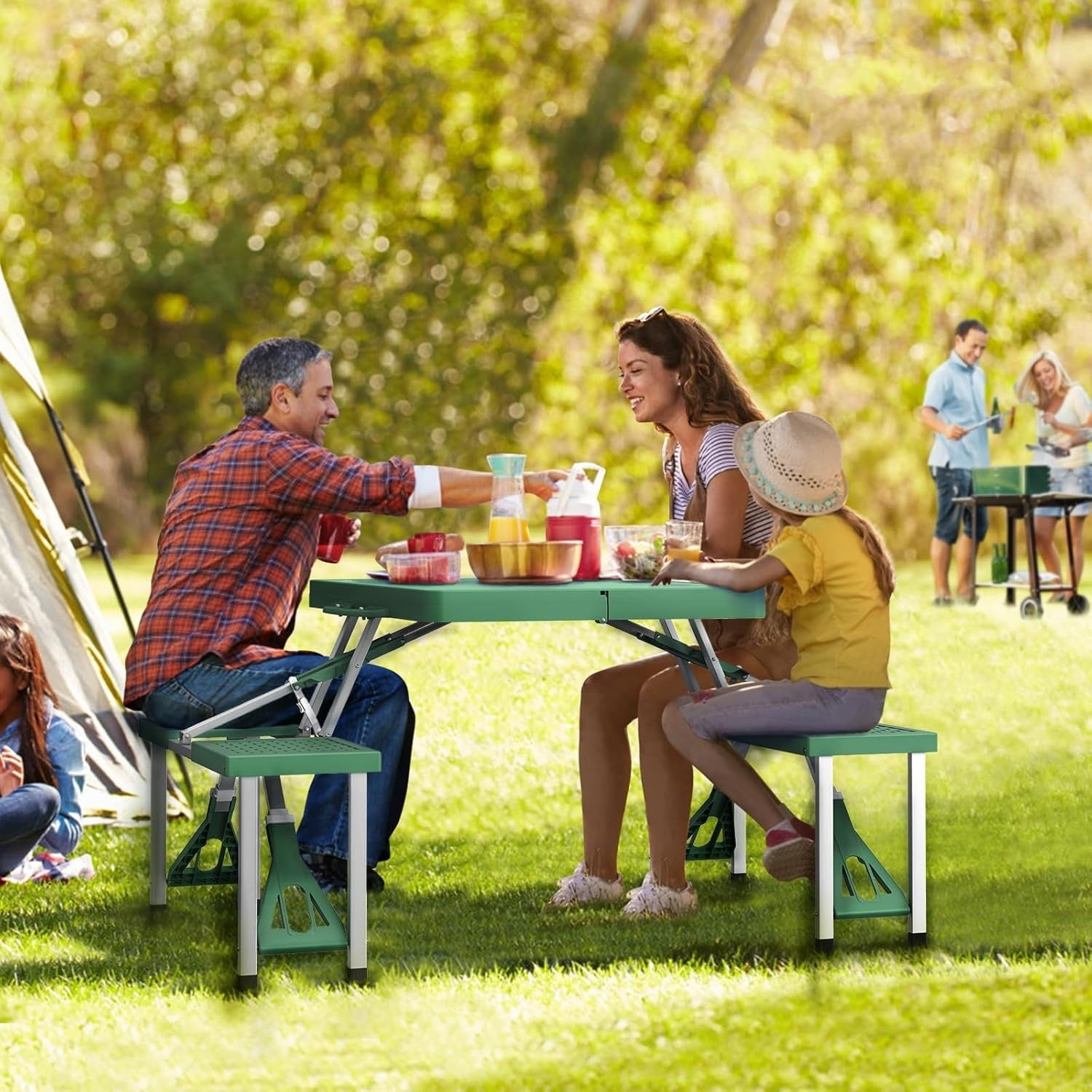 Portable Foldable Camping Picnic Table Seats Chairs And Umbrella
