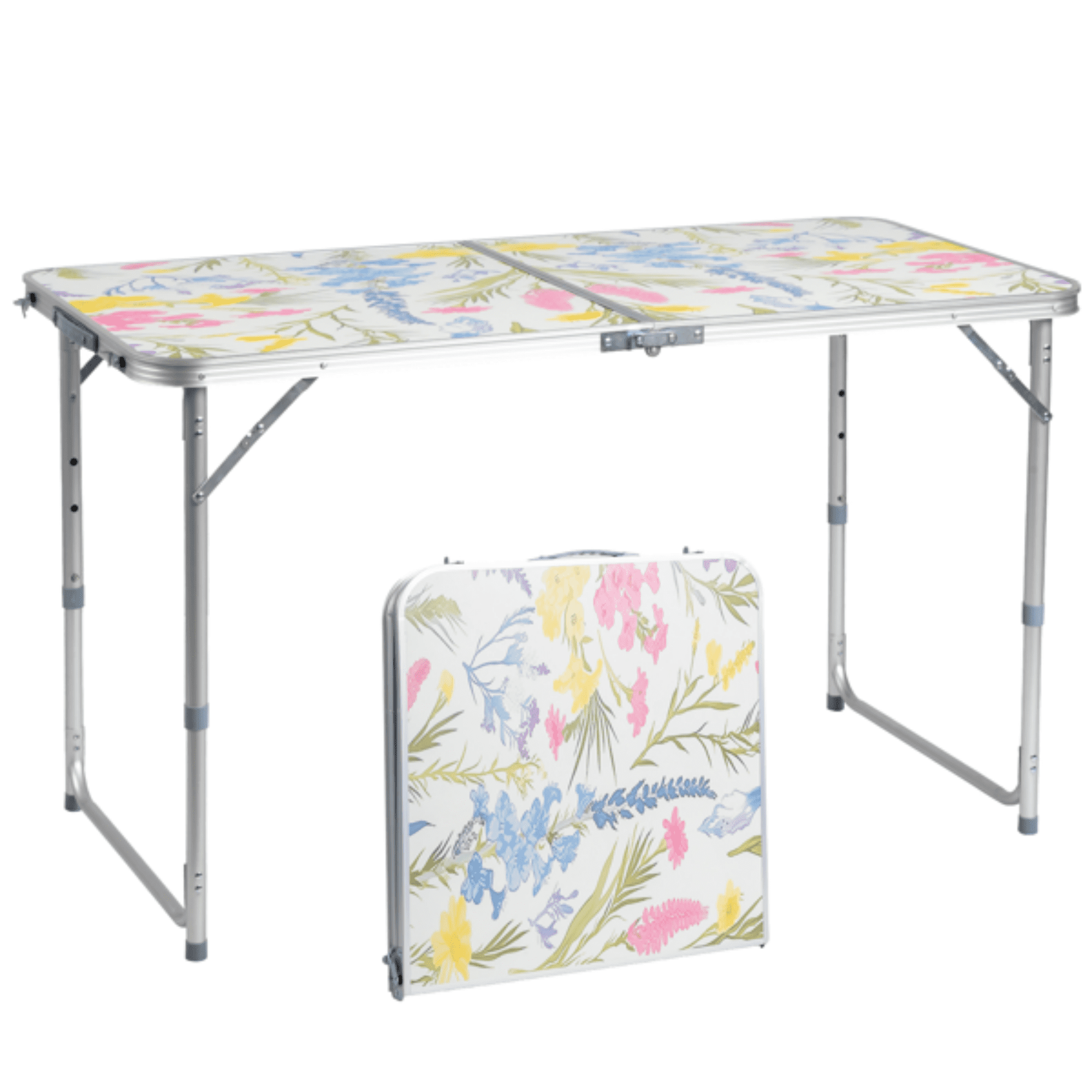 4 Ft Rectangular Center‑Fold Outdoor Folding Table, 23.82 Inch Width, 3‑Level Adjustable Height Aluminum Frame, 110 Lbs Capacity for Camping Picnic Party, Floral Print