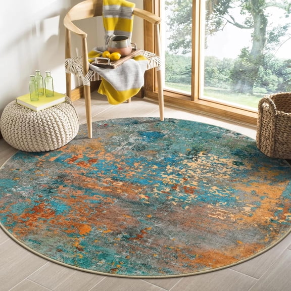 4 Ft Round Abstract Area Rug, Teal Orange Grey Washable Low Pile Accent Rug with Rubber Backing for Living Room, Bedroom, Reading Nook and Indoor Seating Area