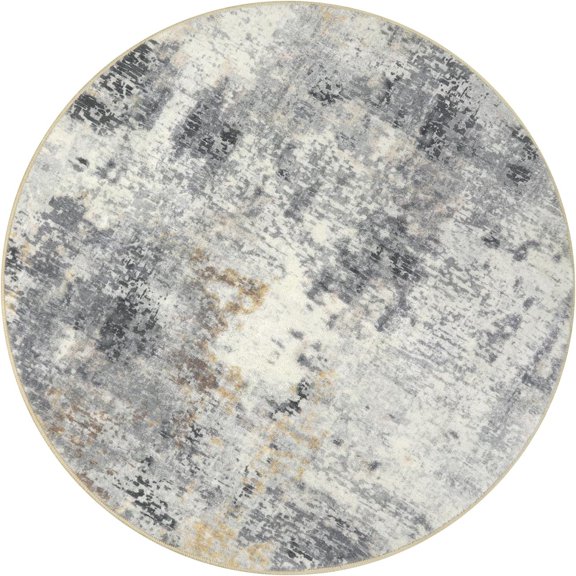 4 Ft Round Grey and Ivory Abstract Area Rug, Smoky Stone Pattern Washable Low Pile Indoor Rug with Anti-Slip TPE Backing for Living Room, Bedroom, Dining Area and Reading Corner