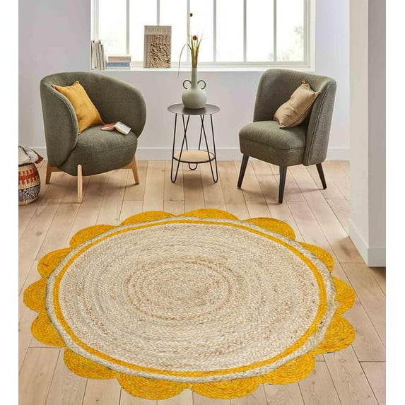 4 Ft Round Yellow & Natural Jute Premium Scalloped Jute Rug – Handcrafted Natural Braided Carpet for Living Room, Bedroom, Entryway – Boho Home Decor