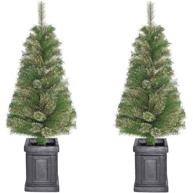 4-Ft. Set of 2 Porch Accent Tree in Black Pot, No Lights