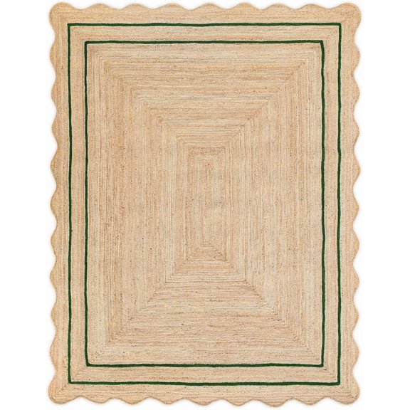 4 Ft Square Green Border Premium Scalloped Jute Rug, Handcrafted Natural Braided Carpet for Living Room, Bedroom, Entryway, Hallway etc.