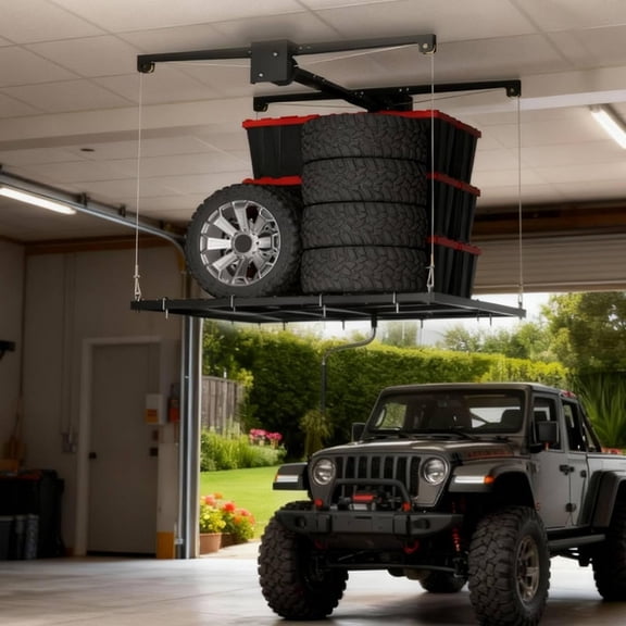 4 Ftx4 Ft Garage Ceiling Storage Lift 350 lb Capacity Overhead Storage Rack with Crank System Black