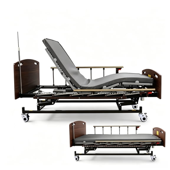 4-Function Electric Home Care Hospital Bed with 6" Washable Mattress, Foldable Side Rails, Overbed Table & IV Pole, 450 lbs Capacity