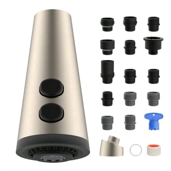4 Function Kitchen Faucet Head Replacement Universal Pull Down Kitchen Sink Faucet Sprayer Head with 15 Adapters Compatible with American Standard/Kohler/Moen/Delta Brushed Nickel