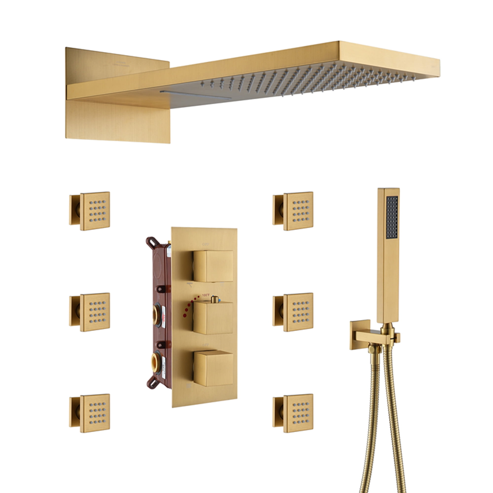 Brushed Gold Dual Rectangle Ceiling Mount Shower System with Body Jets