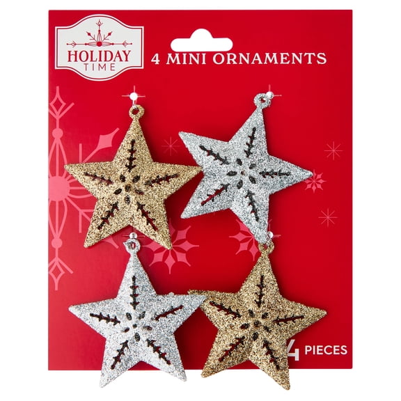 4-Count Gold and Silver Metal Star Mini Christmas Ornaments, 2.5", by Holiday Time