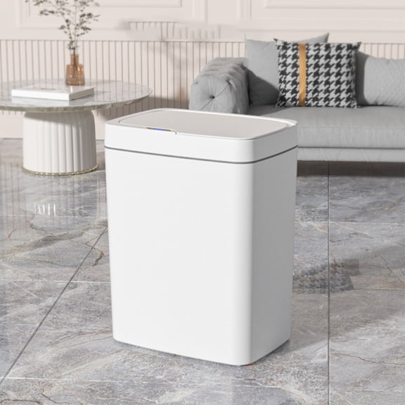 4 Gal Auto Sensor Trash Can – 15L Slim Bin, Silent Soft-Close Lid, Waterproof PP, 30 cm Tall,USB-C Charge, 1-Pack,White