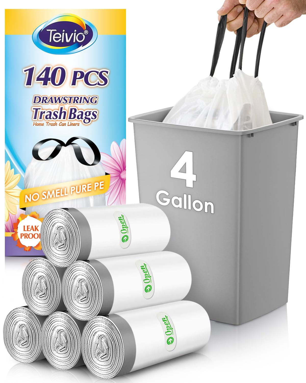 4 Gallon 140 Counts AIF9 Strong Drawstring Trash Bags Garbage Bags by Teivio, Bathroom Trash Can Bin Liners, Small Plastic Bags for home office kitchen, White