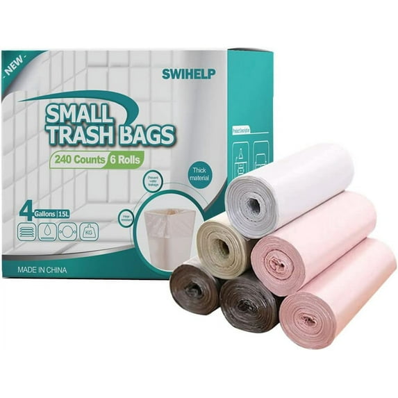 , 4 Gallon / 15 Liters Small Garbage Bags for Office, Kitchen,Bedroom Waste Bin,Colorful Portable Strong Rubbish Bags,Wastebasket Bags 240 Counts