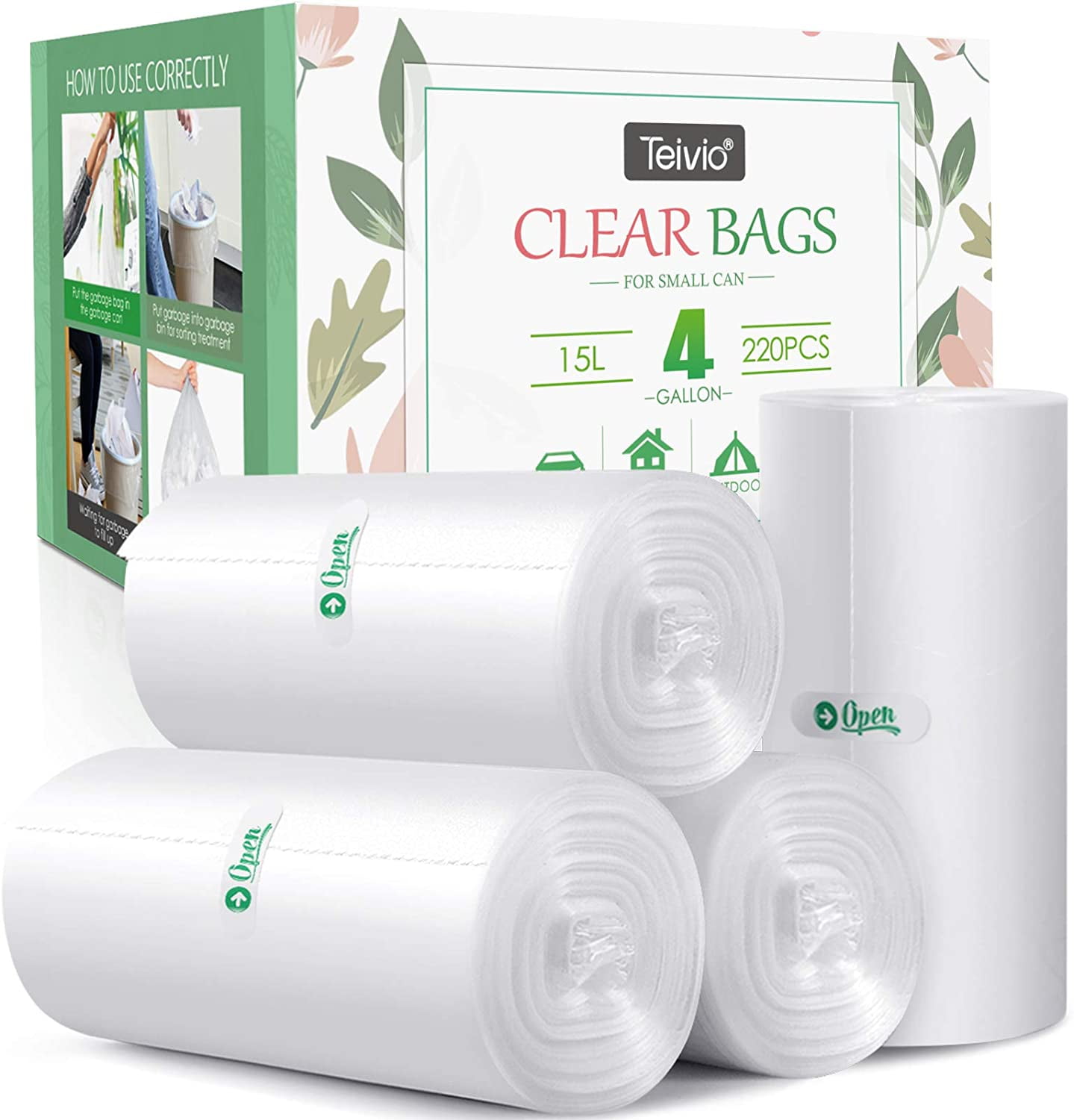 4 Gallon 220 Counts Strong Trash Bags Garbage Bags, Bathroom Trash Can Bin Liners, Small Plastic Bags for home office kitchen, fit 12-15 Liter, 3,3.5,4.5 Gal, Clear