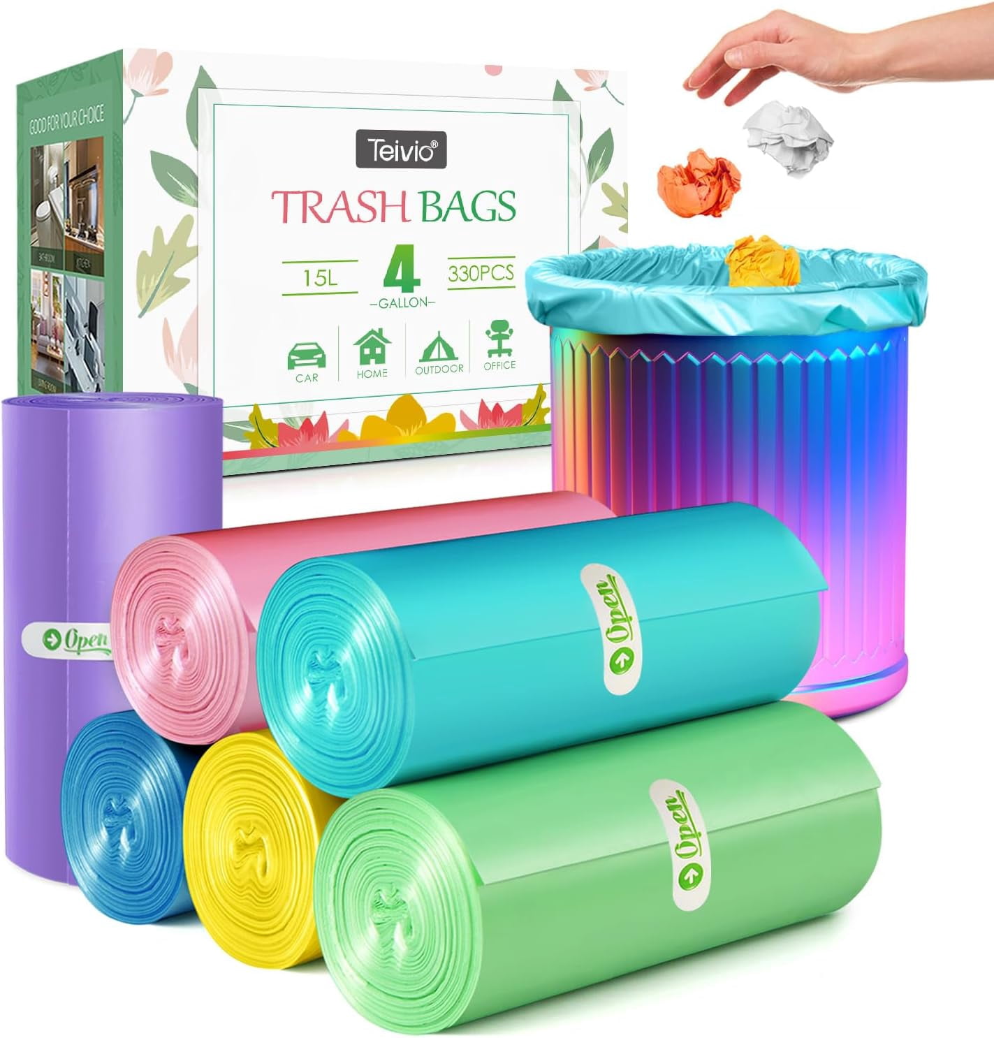 4 Gallon 330 Counts Colorful Small Trash Bags 3.8 Gal 4+ fit 15 liter Garbage by , Waste Basket, Bathroom Can Bin Liners, Plastic for home office kitchen, Multicolor
