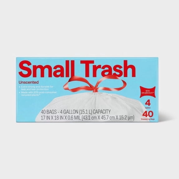 4 Gallon 40 Count UltraStretch Drawstring Trash Bags, LDPE 0.6 Mil, Unscented