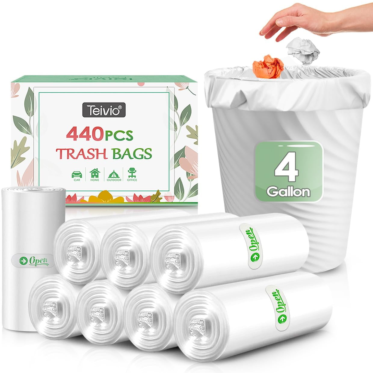 4 Gallon 440 Counts AIF9 Strong Trash Bags Garbage Bags by Teivio, Bathroom Trash Can Bin Liners, Small Plastic Bags for home office kitchen (Clear)