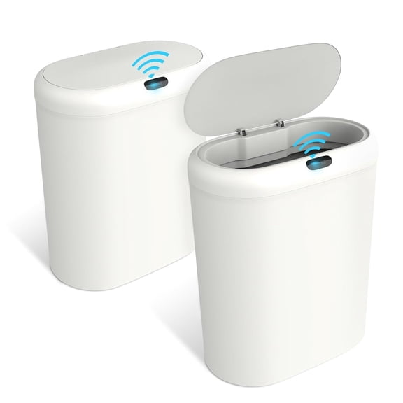 4 Gallon Automatic Sensor Trash Can with Lid, 2 Pack Sealed Slim Design Waterproof Bathroom & Kitchen Garbage Bin, Motion Sensor Technology, Ideal for Small Spaces (White)