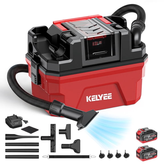 4 Gallon Cordless Wet/Dry Vacuum Cleaner, Red, with Nozzles, Tubes, Wheels & Shoulder Strap for Multi-Surface Cleaning
