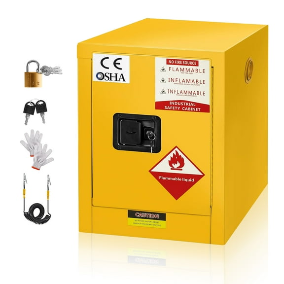 4 Gallon Flammable Hazardous Storage Cabinet, 18.11 In x 18.11 In x 23 In, 1 cm Thickness Galvanized Steel, Adjustable Shelf Liquid Storage Cabinet for Commercial Industrial Use, Yellow