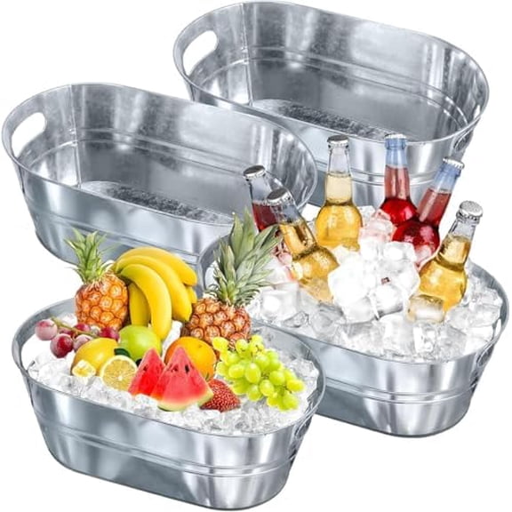 4 Gallon Galvanized Tub with Carry Handles,4 PCS Ice Buckets for Parties,Large Metal Drink Buckets,Beverage Tubs for Parties,Bar Supplies,Drink Tin Bins for Beer Wine Champagne (Silver-2)