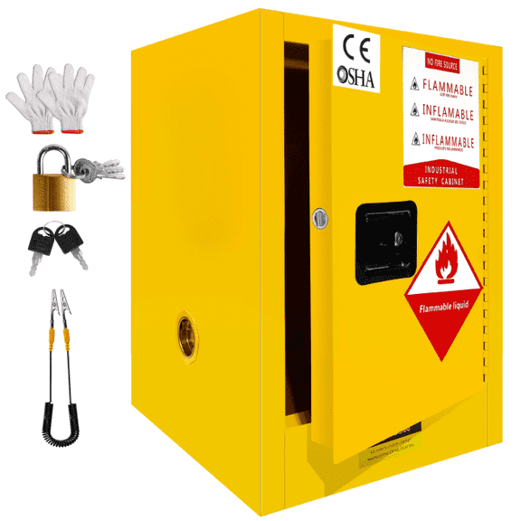 4 Gallon Industrial Safety Cabinet,Double-Walled Steel Design. Features 3-point locking system for security. Made of galvanized and cold-rolled steel, offering corrosion protection and double-layer f