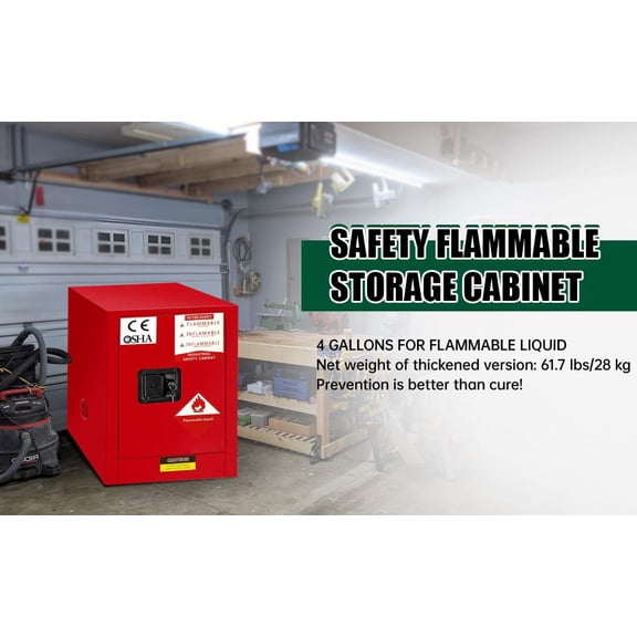 4 Gallon Red Flammable Safety Cabinet, 2mm Heavy Duty Steel Fire Cabinet with 3-Point Lock & Adjustable Shelf for Lab