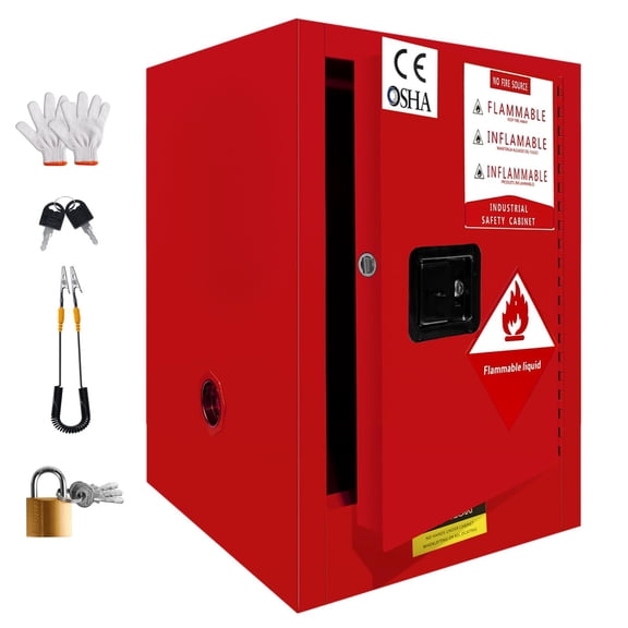 4 Gallon Red Flammable Safety Cabinet with 3-Point Lock & Adjustable Shelf, Double-Layer Steel Fireproof Chemical Cabinet, for Lab Workshop Garage Warehouse