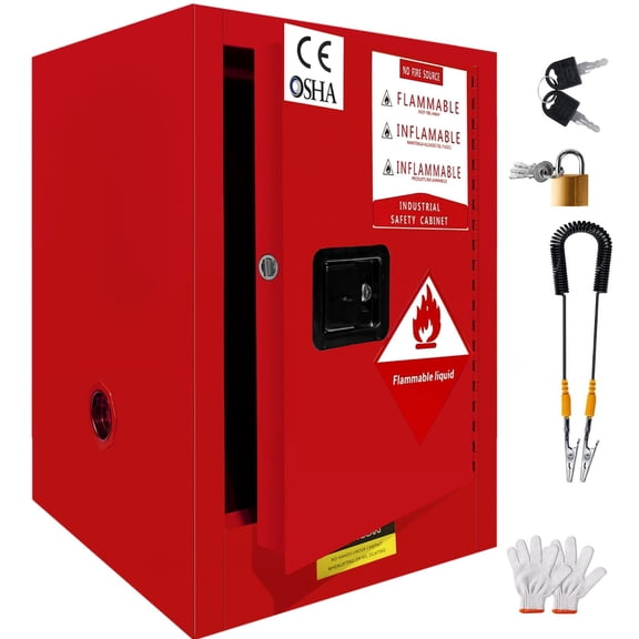4 Gallon Red Flammable Storage Cabinet, OSHA Compliant Industrial Chemical Safety Cabinet with Double Wall Steel, 3-Point Lock for Laboratory & Workshop