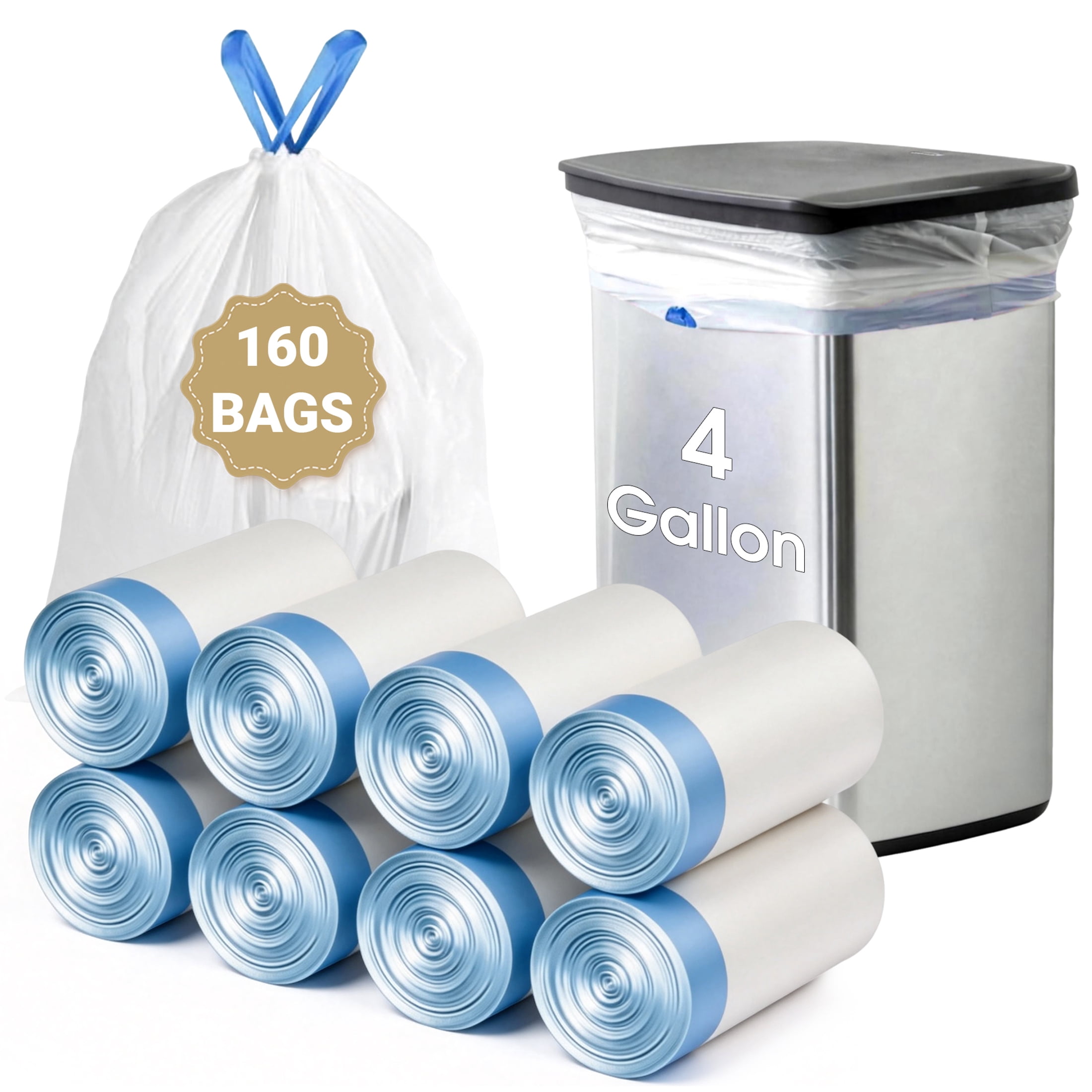 4 Gallon Drawstring Trash Bags, 160 Count Small Plastic Garbage Bags, Leak Proof Thick Disposable Trash Liners for Bathroom Kitchen Office Bedroom