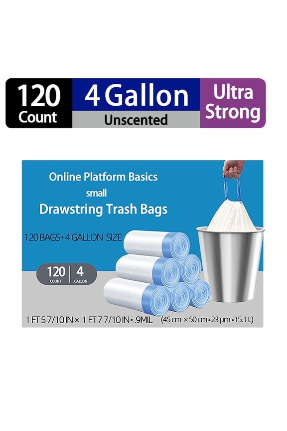 4 Gallon Small Drawstring Trash Bags,Unscented,Ultra Strong,White,120 Count