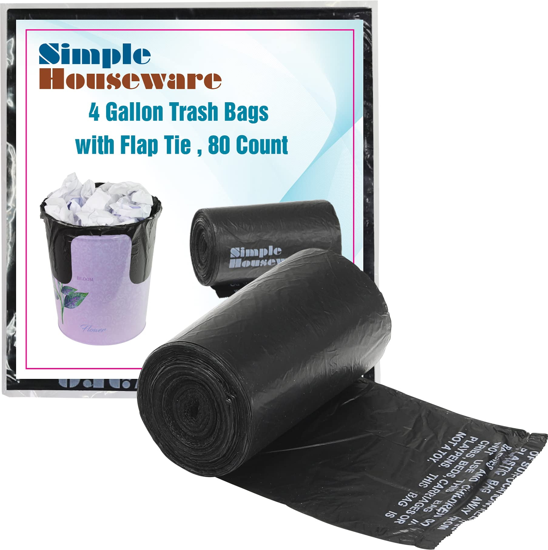 4 Gallon Trash Bags Black, 80 Count 