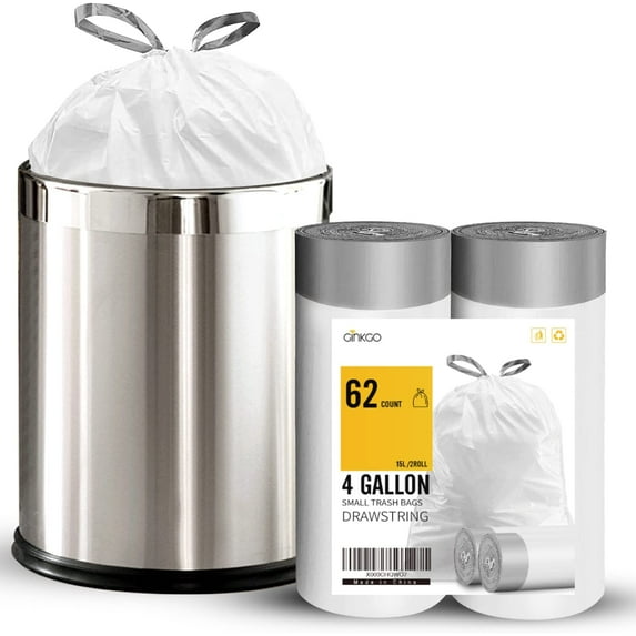 4 Gallon Trash Bags Drawstring, White Small Garbage Bags for Bathroom, Unscented 15 Liter Plastic Wastebasket Liners, 62 Count