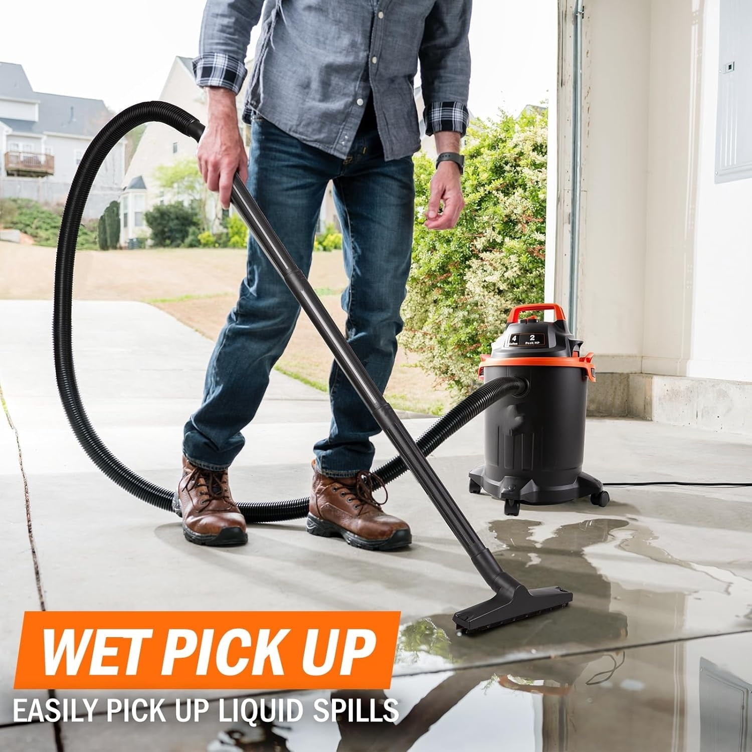4 Gallon Wet/Dry Vac 2.0 Peak HP Shop Vacuum with Nozzles & Brush,Black/Orange