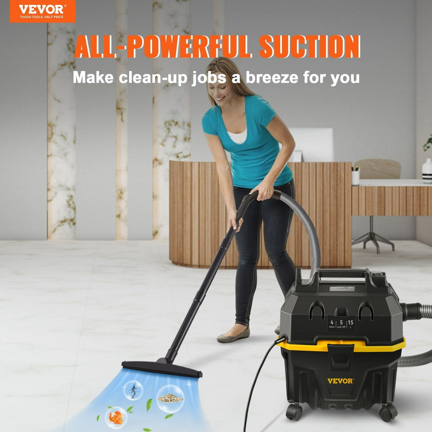 4 Gallon Wet Dry Vac 5 Peak HP 3 in 1 Shop Vacuum with Blowing Function Portable Attachments ETL Listed Black