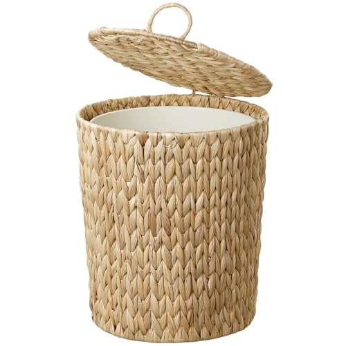 4 Gallon Wicker Trash Can with Lid, Small Bathroom Trash Can, Water Hyacinth Woven Waste Basket, Rattan Boho Decorative Garbage Can with Removable Liner for Bedroom, Home Office (Round,Natural)