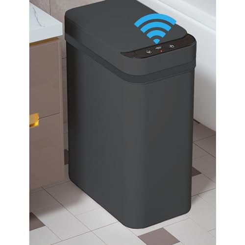 4 Gallons Bathroom Trash Can Automatic Touchless - 15.5 Liters Smart Trash Can Motion Sensor - Narrow, Plastic - Slim Electric Trash Bin - Skinny Garbage Can with Lid (Matte Black)