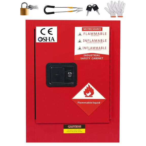 4 Gallon Red Flammable Safety Cabinet, Double-Wall 2mm Steel Fire Cabinet with 3-Point Lock & Dual Vents for Lab Workshop