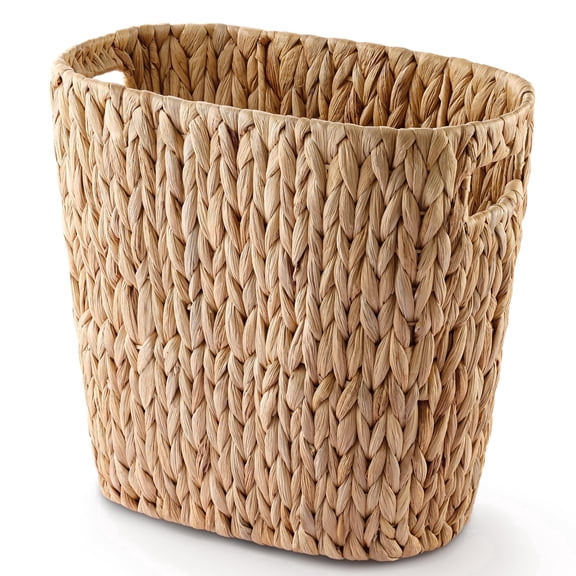 4 Gallon Wicker Trash Can for Bathroom, Water Hyacinth Waste Basket with Handle, Oval Woven Trash Basket, Natural Boho Style