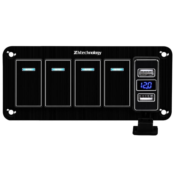 4 Gang Aluminum Rocker Switch Panel with Dual USB Charger Waterproof Pre-Wired Blue Backlit Toggle ON/Off Switch for Boat Marine Automotive RV Truck Trailer 12-24V Black