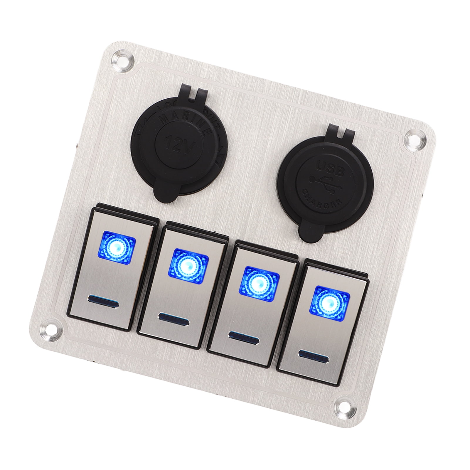 4 Gang Aluminum Toggle Switch Panel, Rocker Switch Panel Silver Oxide ON Off Pre Wired Double