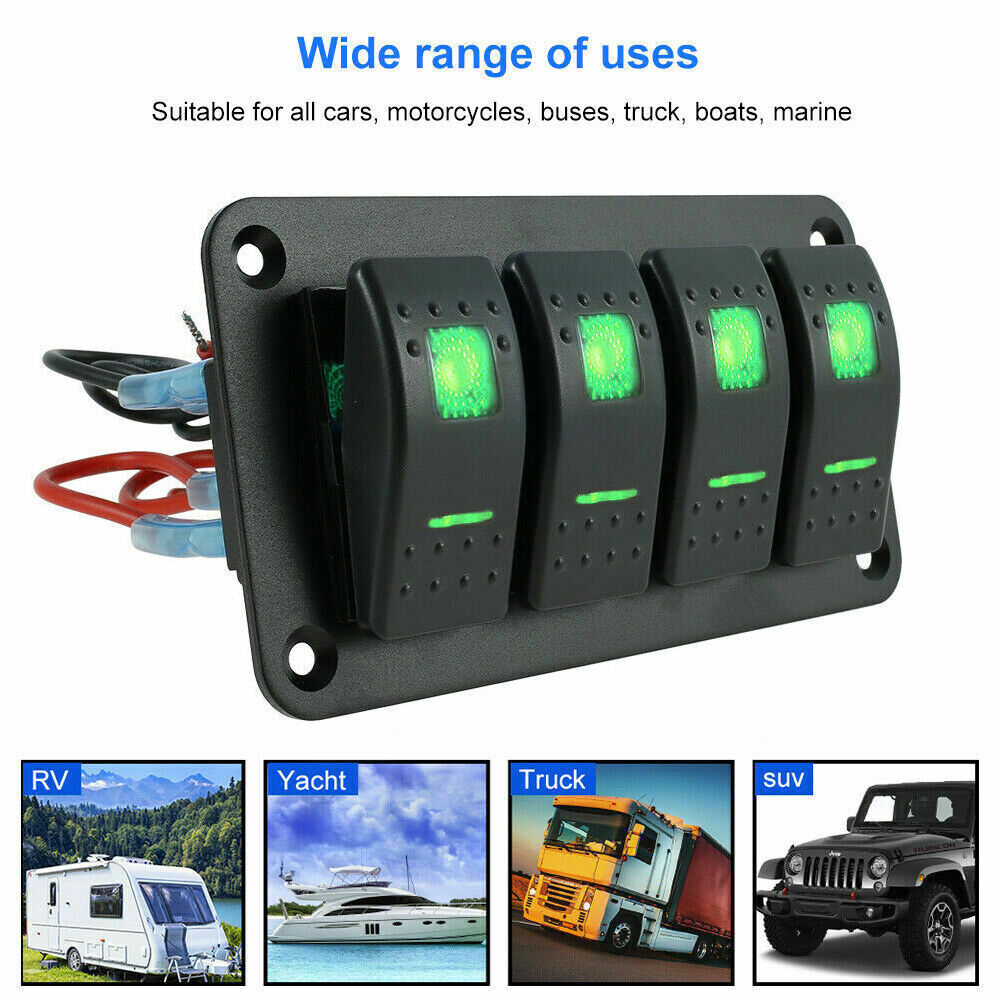 4 Gang Green LED Waterproof Rocker Switch Panel Breakers Car Marine