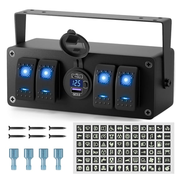 4 Gang Rocker Switch Box 12V SPST ON/Off Marine Switch Panel 12 Volt Waterproof Blue LED Light Bar with Dual USB Outlet PD3.0 & QC3.0 Car USB Port for Boat Automotive Car Truck RV UTV