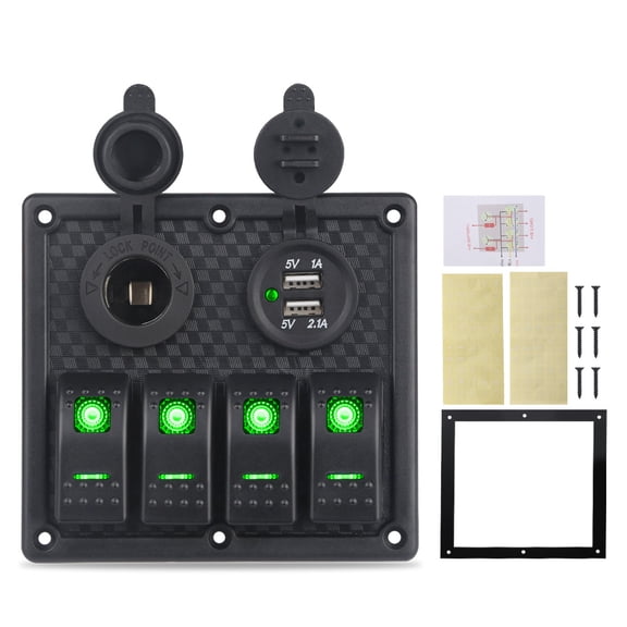 4-Gang Rocker Switch Panel With Dual USB Chargers, 12V/24V Waterproof Switch Box For Marine Boat, Car, RV, Truck, Off-Road Vehicle Accessory Control