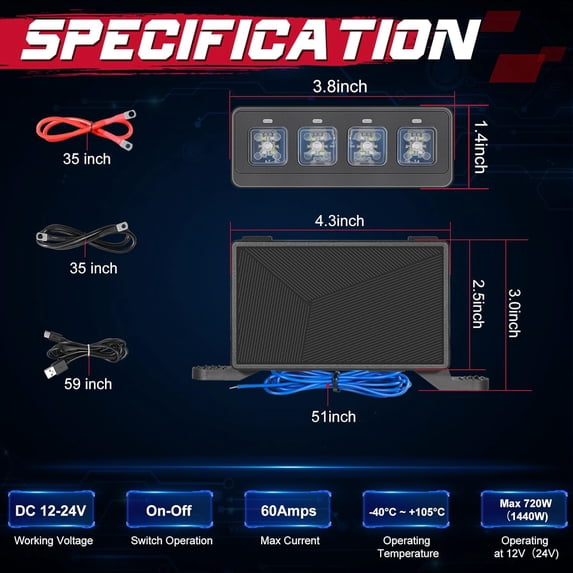 4 Gang Wireless Switch Panel with Remote Control, 4 Light Modes Multi-Function Controller for Trucks UTV ATV SUV Pickup Boat