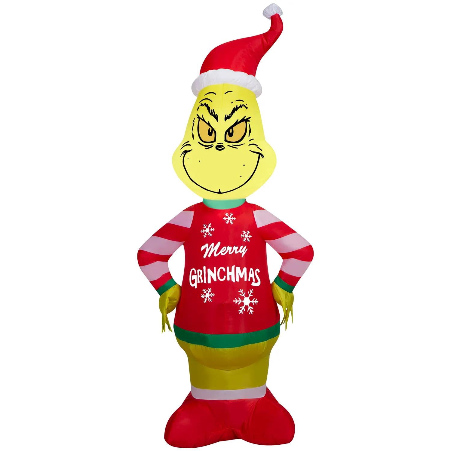 Gemmy 4 ft Airblown Blowup Inflatable Grinch with Merry Grinchmas Sweater & Built-In LED Lights Outdoor Decoration - Red