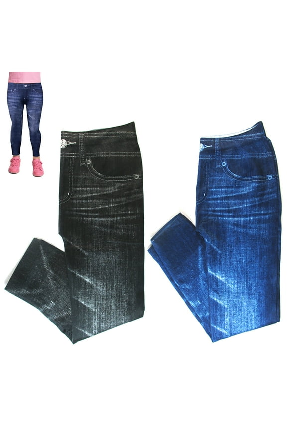 4 Girls Denim Print Leggings Stretchy Pants Casual Jegging Blue Black Kid S/M