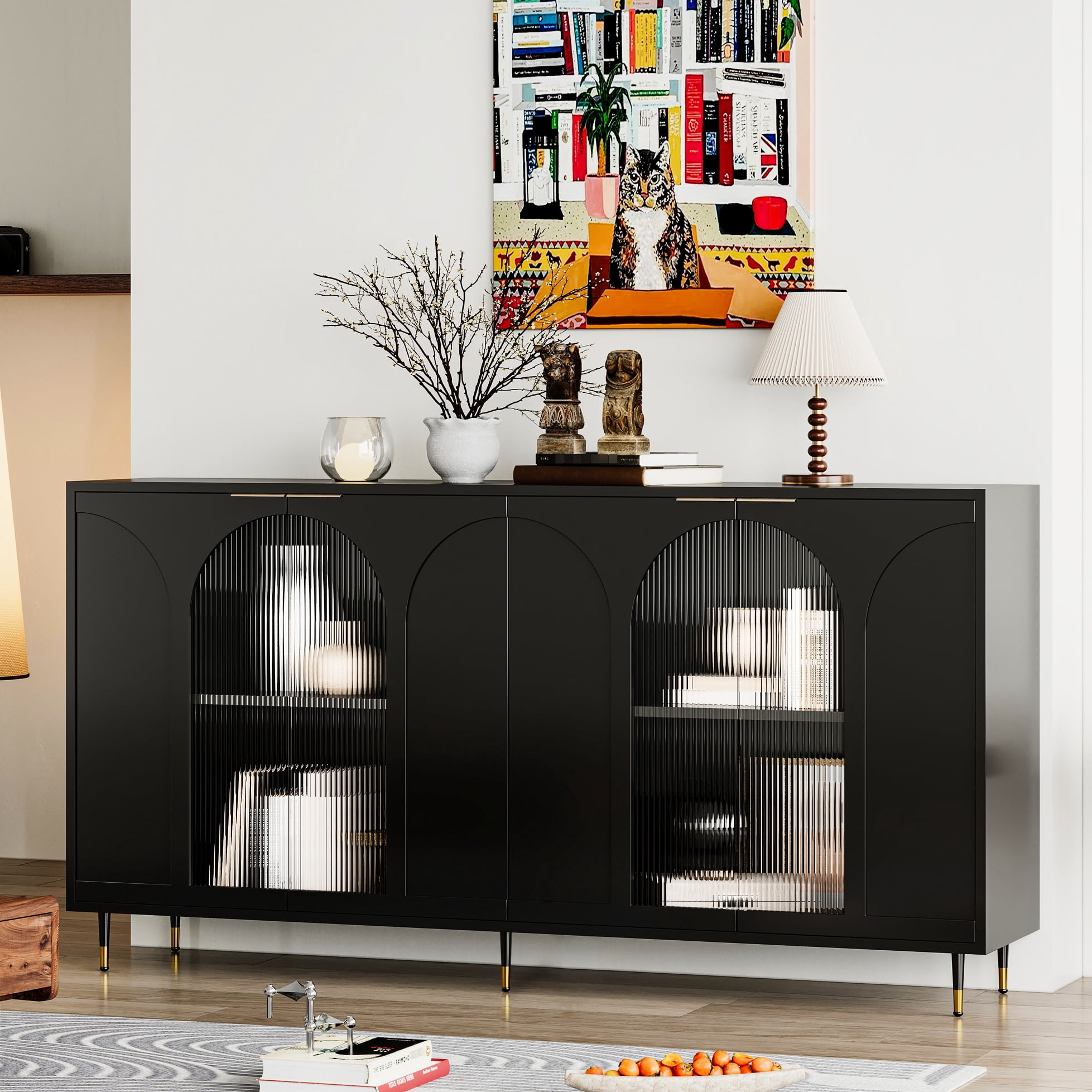 4 Glass Doors Black Lacquered Sideboard Cabinet: Wooden For Hallway ...