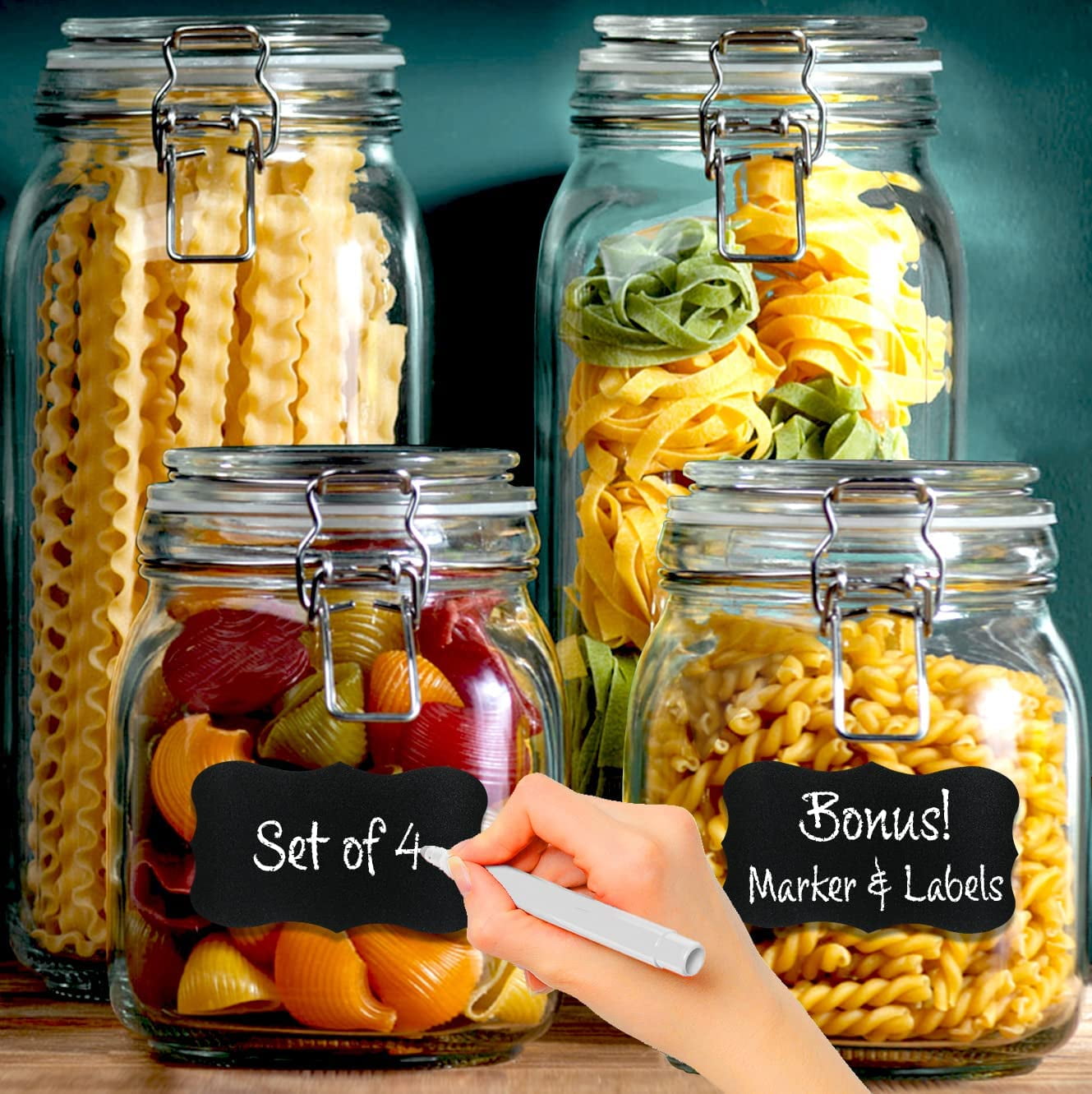 4 Glass Storage Jars With Airtight Lids + Chalkboard & Marker, Kitchen Canisters For Flour