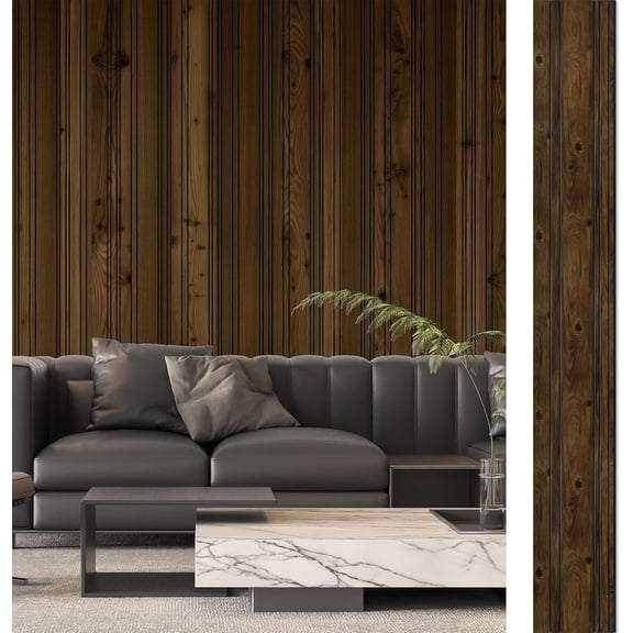 4- Glue- Wall Panels, Grain Texture Interior Wall Decor, 104"x12" Recycled Polystyrene Wainscoting Panels, Low for Room , Walnut