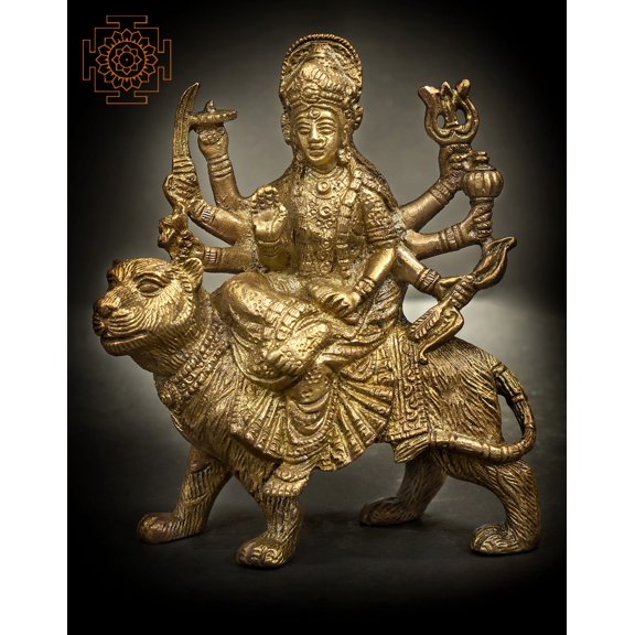 4" Goddess Durga Statue Seated on Lion in Brass | Handmade | Made in India